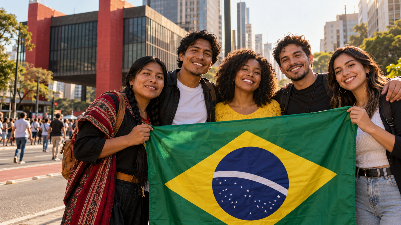 Grupo diverso de personas latinoamericanas con una bandera de Brasil en la Avenida Paulista de São Paulo
